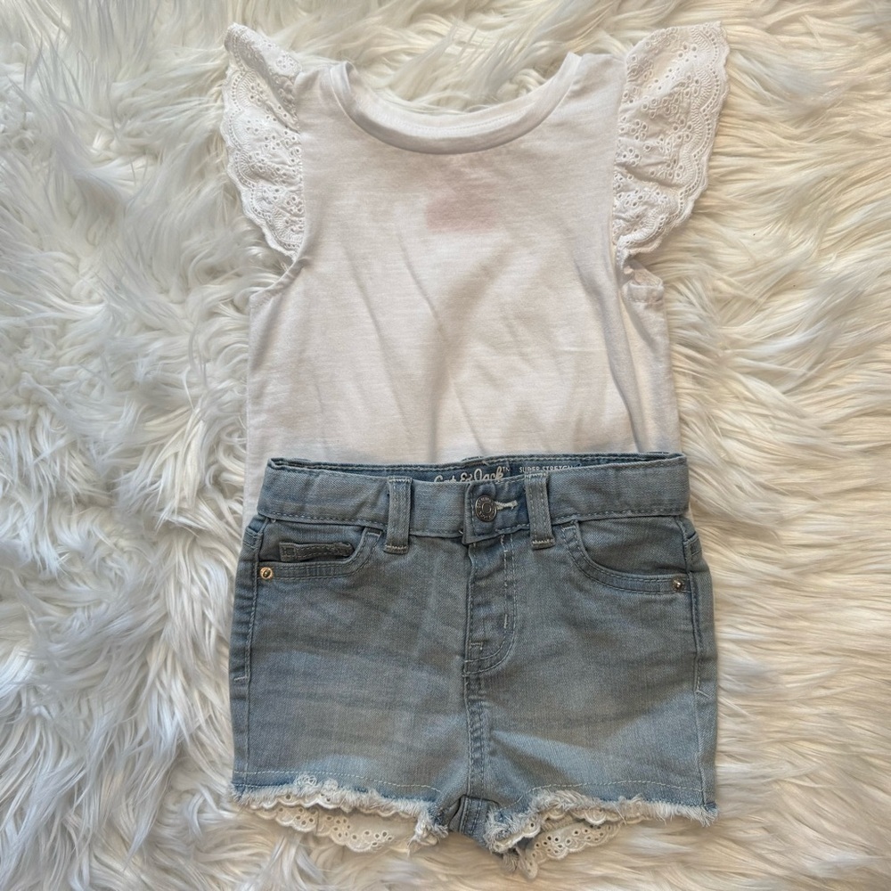 Cat & Jack Baby Girls 18M Eyelet Top & Denim Shorts 2 Piece Summer Outfit